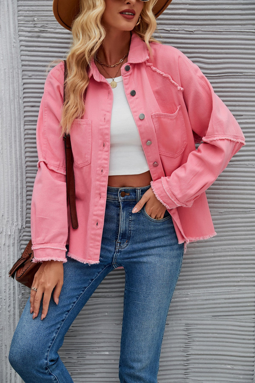 Women's Denim Jacket with Relaxed Fit and Frayed Details