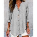 Women's Long-Sleeve Button-Front Blouse with Asymmetrical Hem