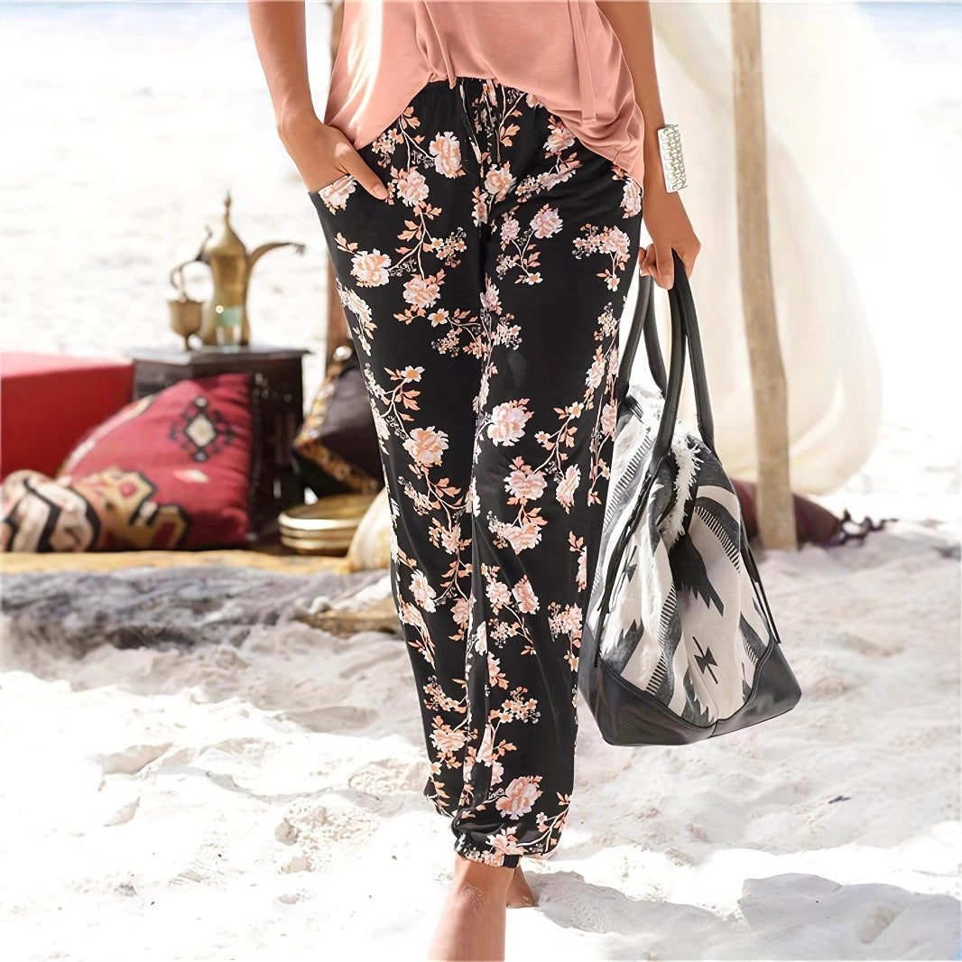 Women's Elegant Floral Casual Pants with Elastic Waist
