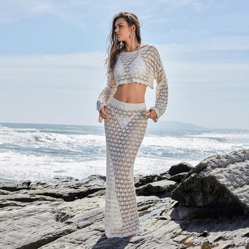 Women's Crochet Set with Crop Top and Maxi Skirt