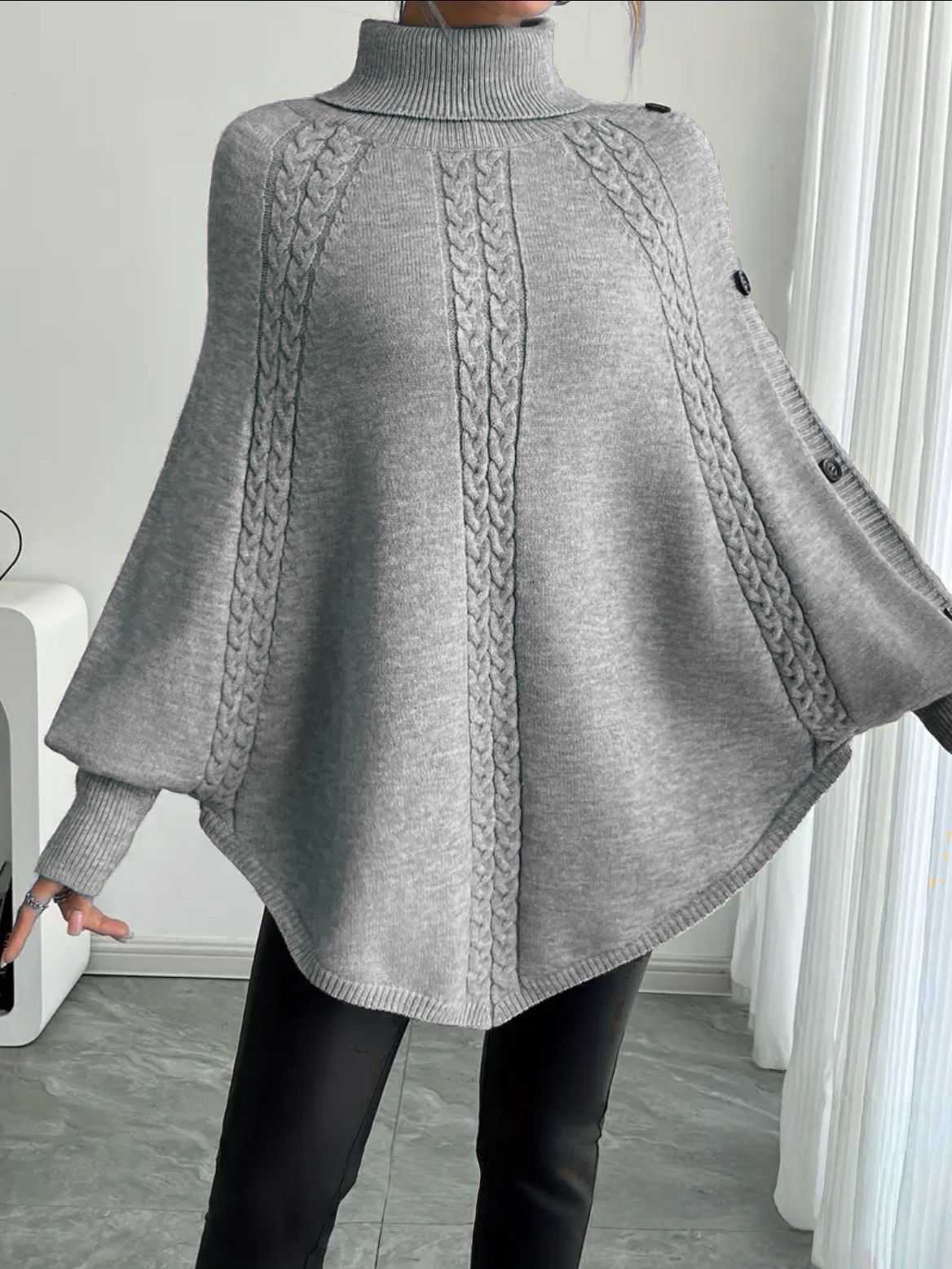 Women's Elegant Knit Poncho with Turtleneck and Cable Knit Pattern