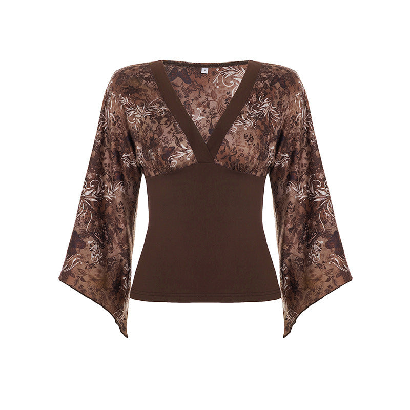 Women's Long-Sleeve Blouse with Voluminous Sleeves and Floral Print