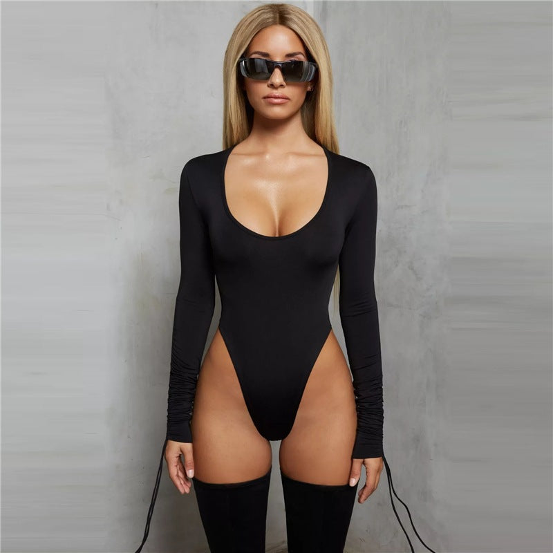 Women's Long-Sleeve Bodysuit with Deep Round Neckline