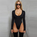 Women's Long-Sleeve Bodysuit with Deep Round Neckline