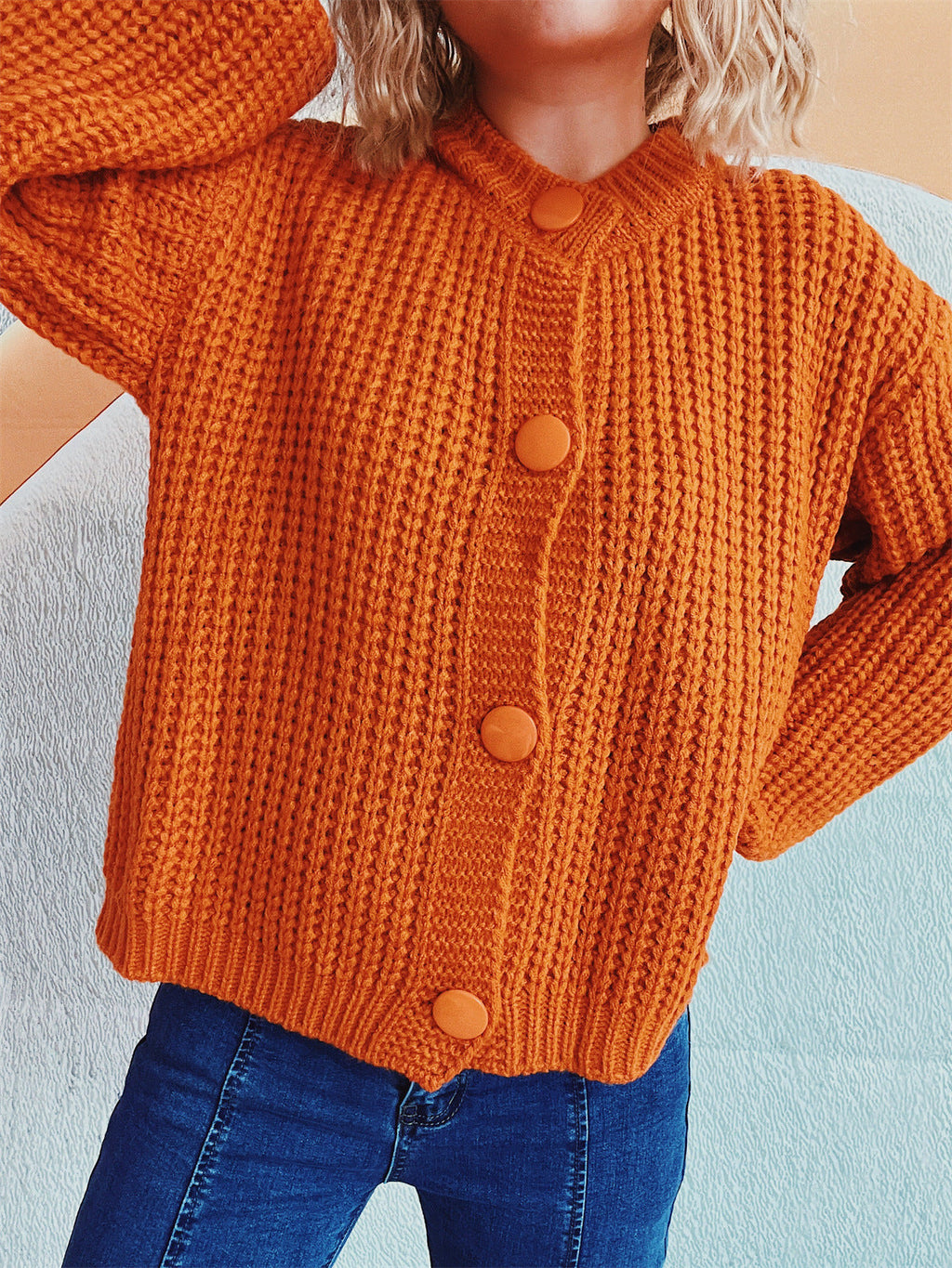 Women's Chunky Knit Cardigan with Balloon Sleeves and Decorative Buttons