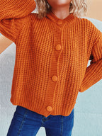 Women's Chunky Knit Cardigan with Balloon Sleeves and Decorative Buttons