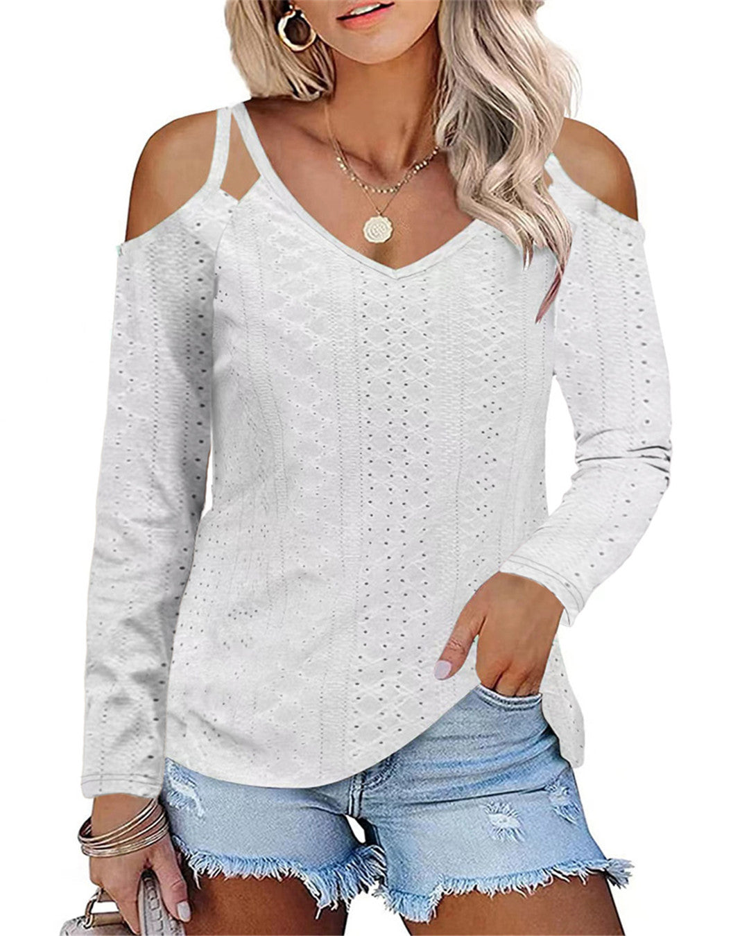 Women's Elegant Shirt with Cut-Out Shoulders and V-Neck