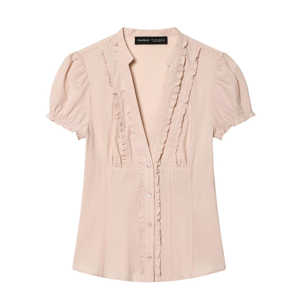 Women's Blouse with Ruffle Details and Fine Stripes