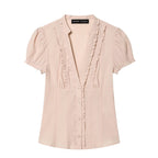 Women's Blouse with Ruffle Details and Fine Stripes