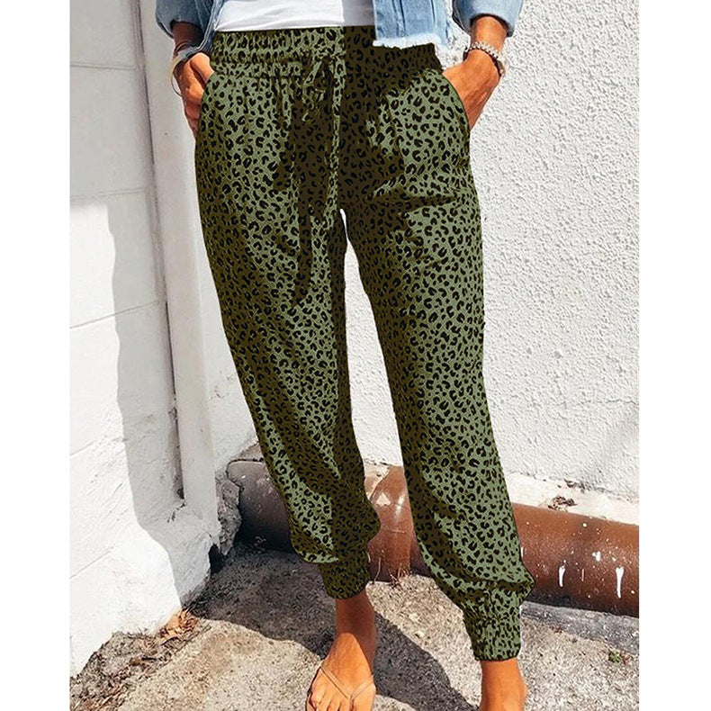 Women's Elegant Casual Trousers with Elastic Waist and Animal Print