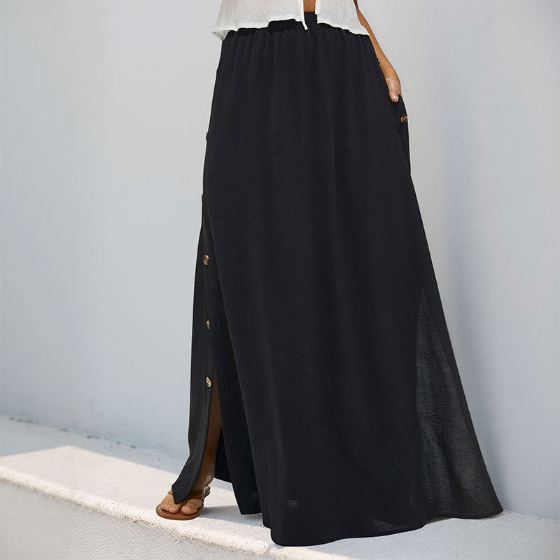 Women's Maxi Skirt with Side Buttons and Elastic Waistband