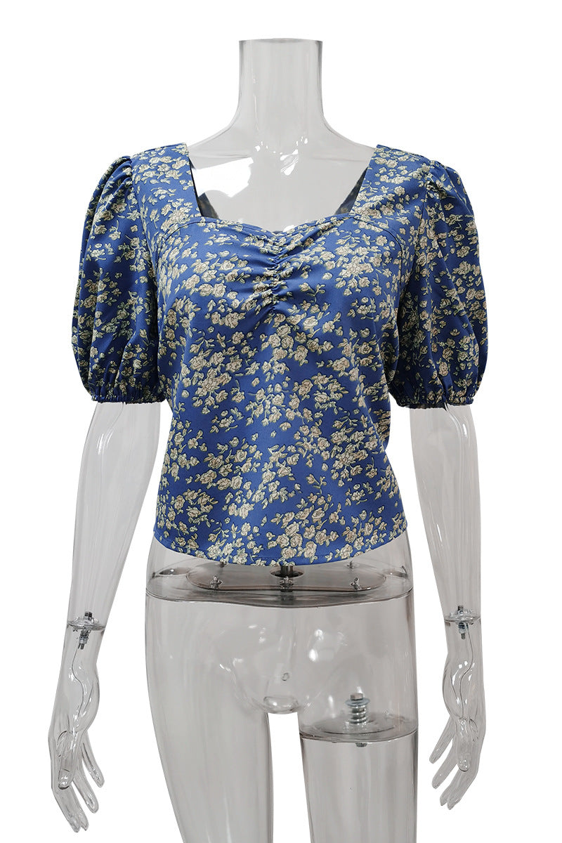Women's Blouse with Puff Sleeves and Floral Details