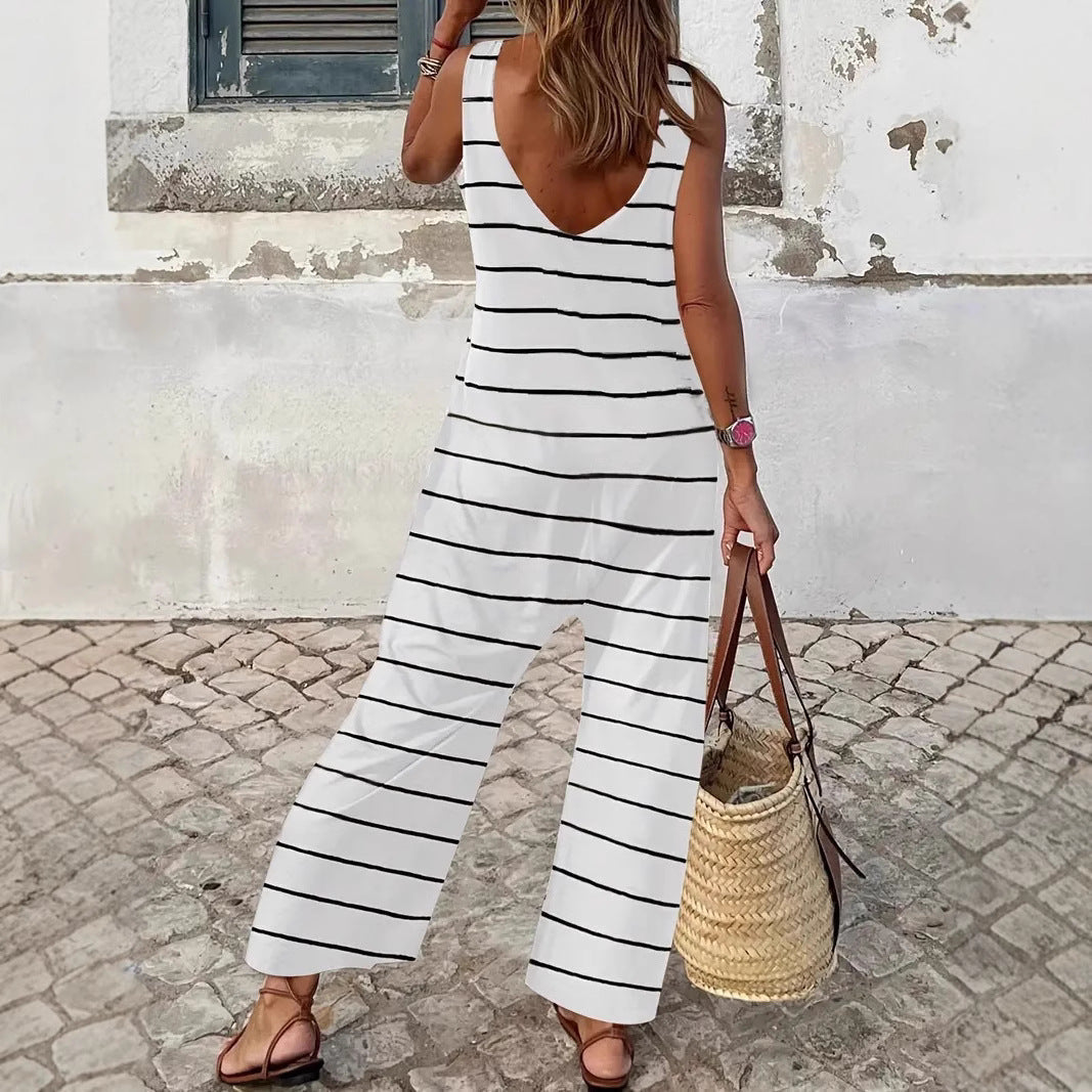 Women's Casual Wide-Leg Jumpsuit with Classic Stripe Pattern