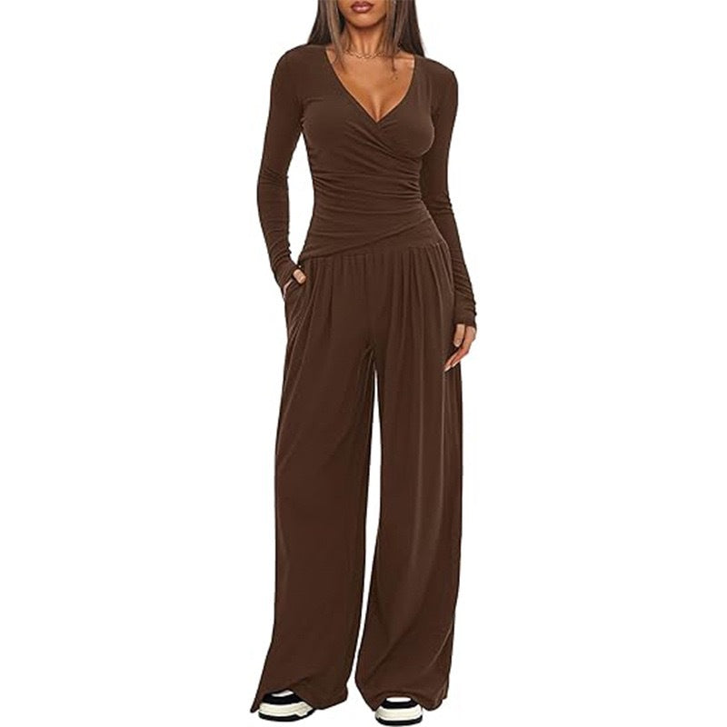 Women's Elegant Wrap Jumpsuit with Wide Leg and Fashionable Details