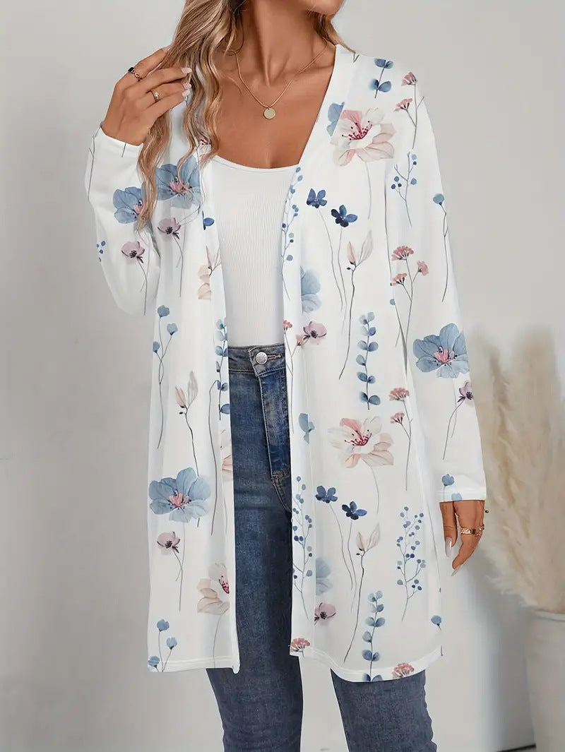 Ladies Floral Longline Cardigan with Open Cut