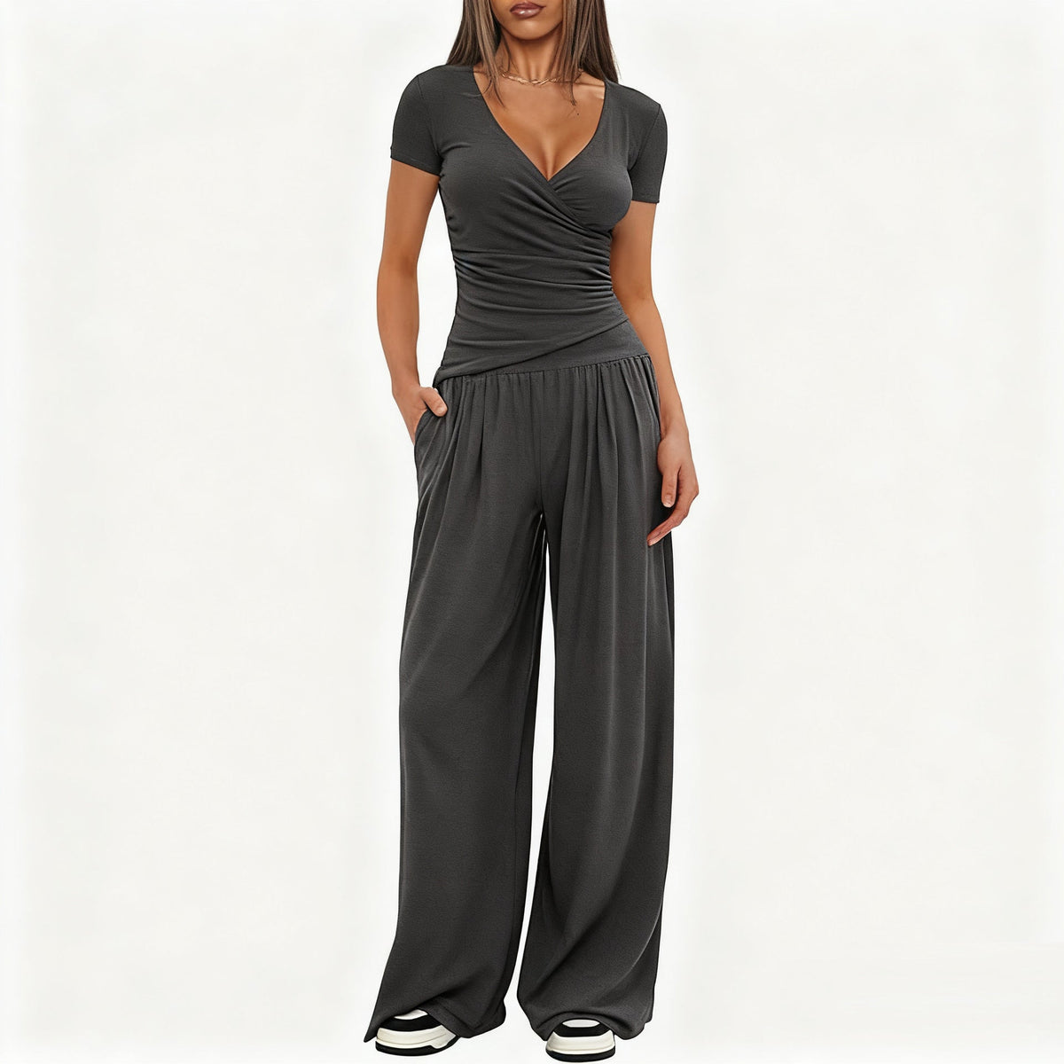 Women's Elegant Wrap Jumpsuit with Wide Leg and Fashionable Details