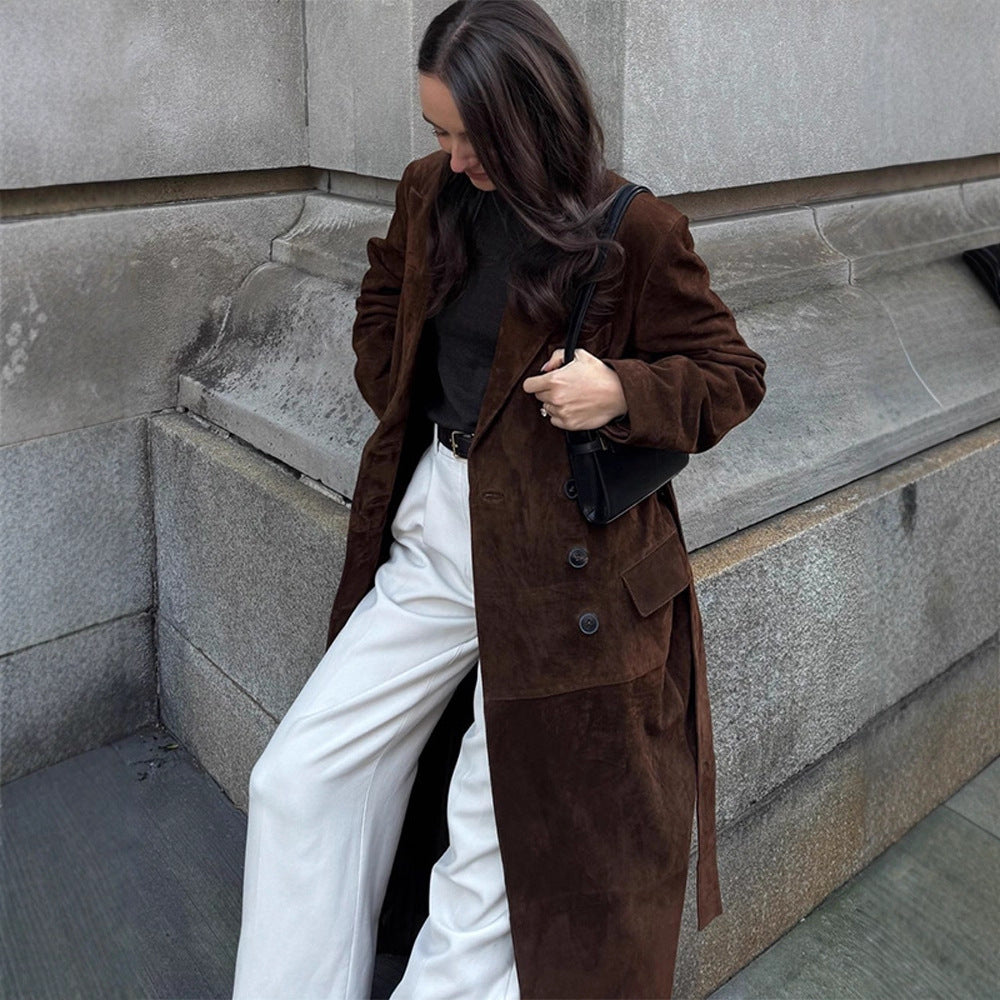 Elegant Suede Coat with Waist Belt