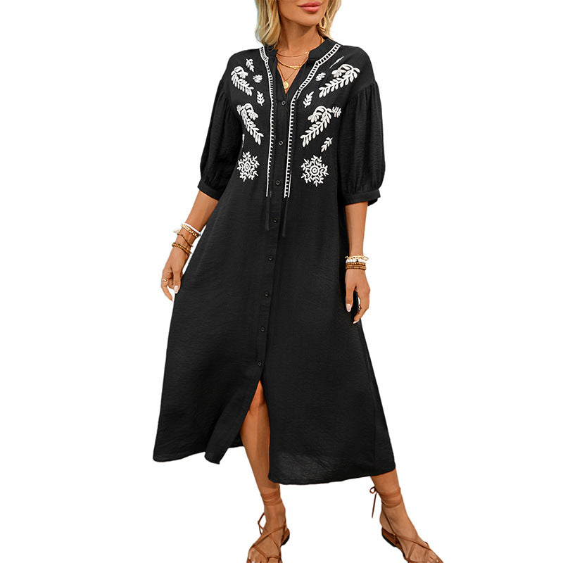 Women's Embroidered A-Line Shirt Dress with Button Placket and 3/4 Balloon Sleeves