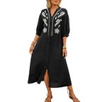 Women's Embroidered A-Line Shirt Dress with Button Placket and 3/4 Balloon Sleeves