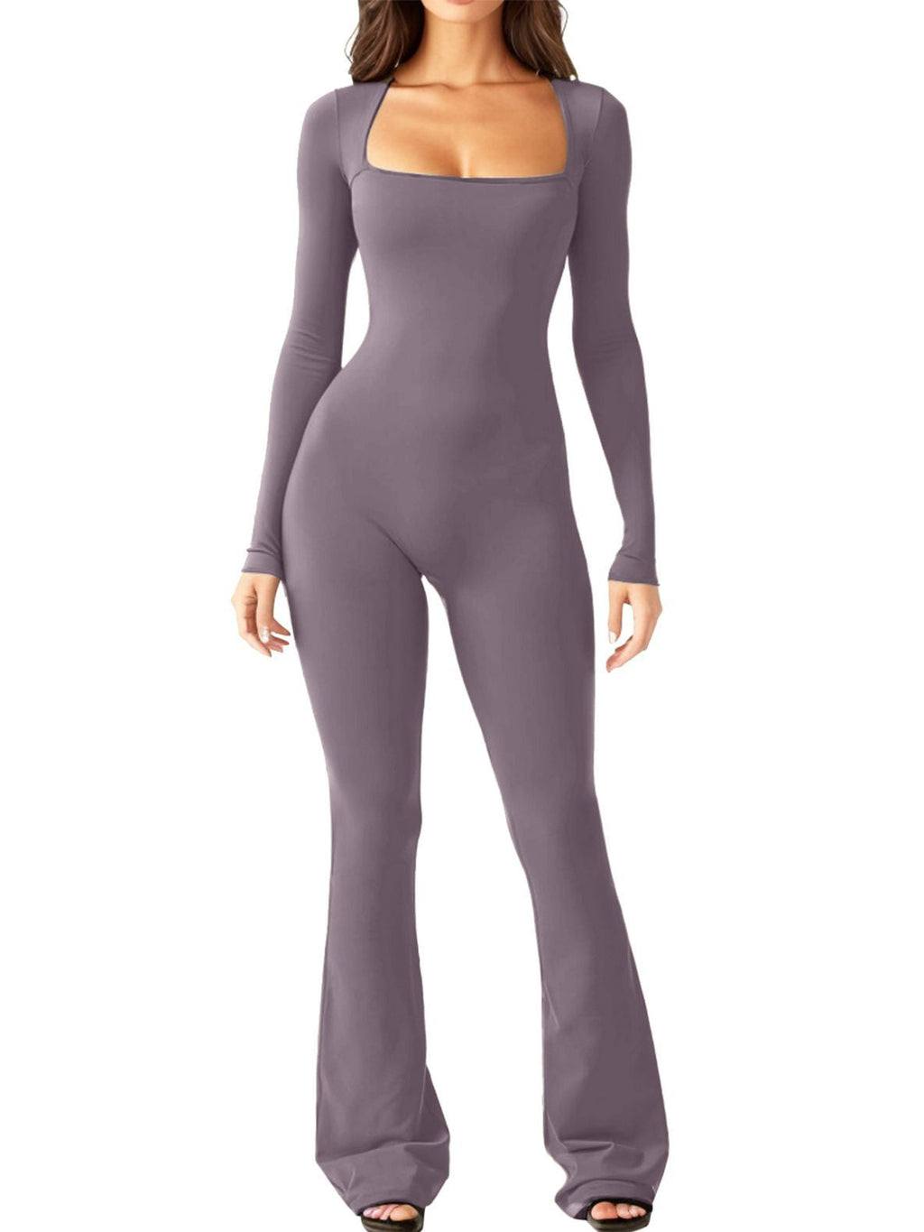 Women's Long Sleeve Romper with Square Neck and Wide Leg