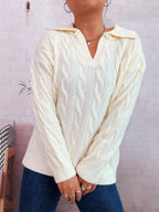 Women's Chunky Knit Sweater with Colorful Cable Design and Classic Collar