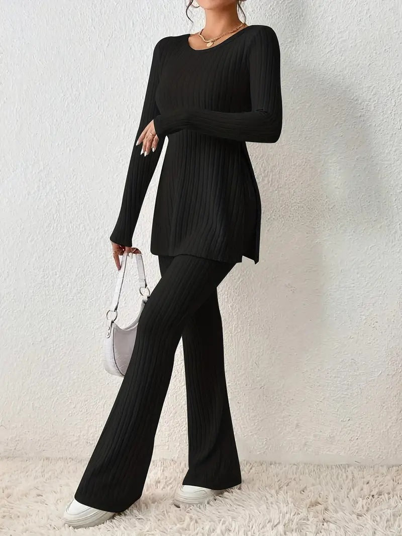 Women's Fine Ribbed Lounge Set with Long Sleeves and Flared Legs