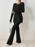 Women's Fine Ribbed Lounge Set with Long Sleeves and Flared Legs