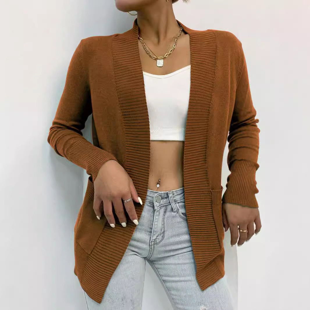 Women's Cozy Knit Cardigan with Pockets and Open Cut