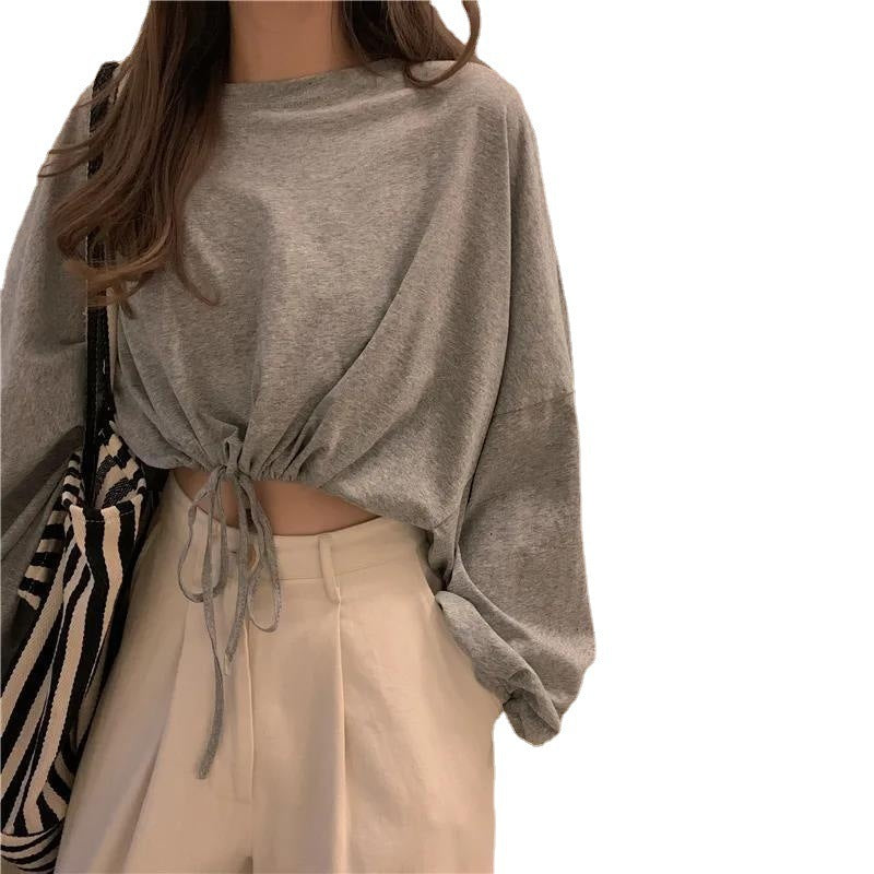 Women's Cropped Sweatshirt with Drawstring and Oversized Sleeves