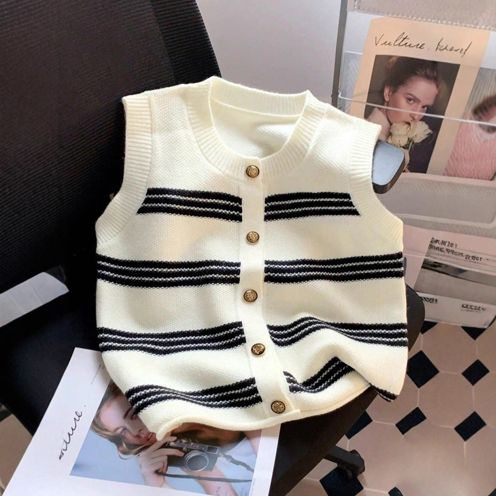 Women's Sleeveless Cardigan with Button Placket and Stripes