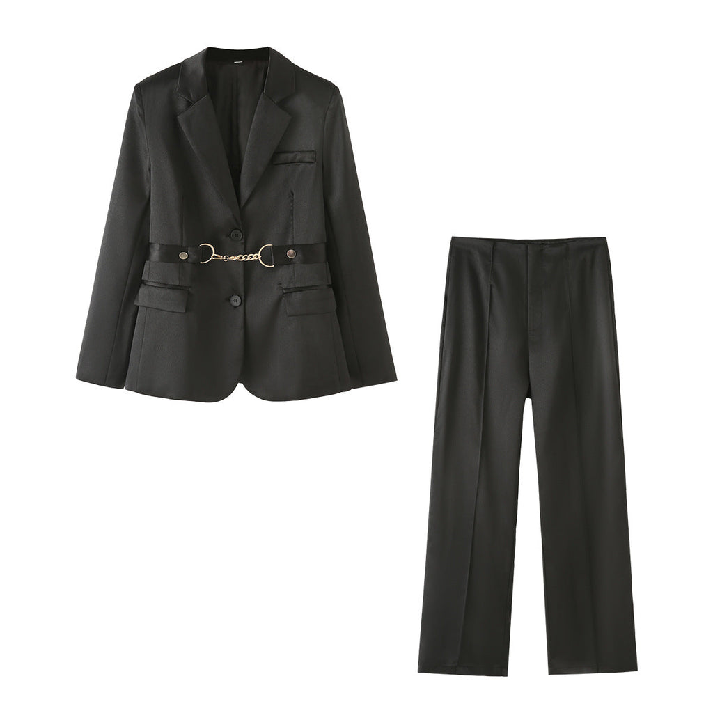 Women's Elegant Satin Blazer Set with Chain Accent