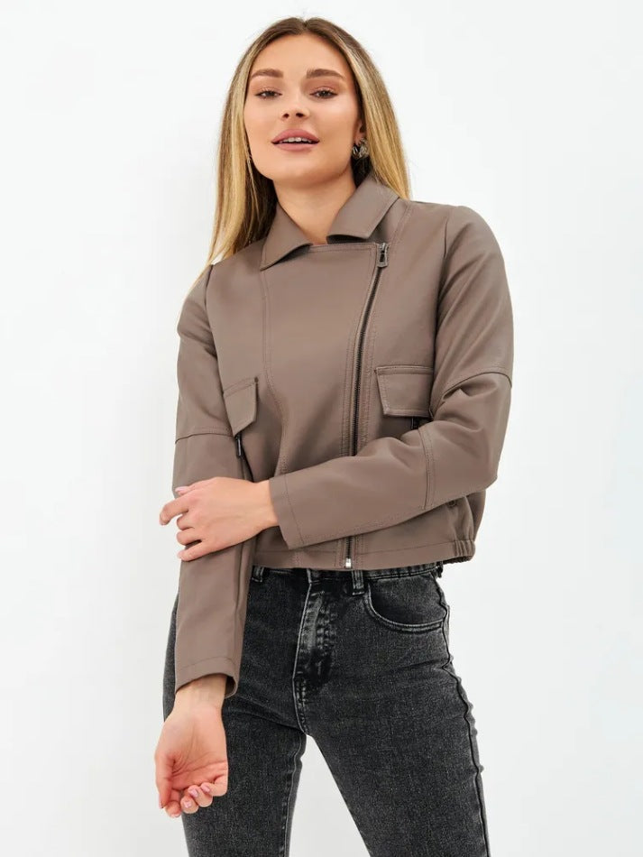 Women's Cropped Faux Leather Jacket with Practical Pockets