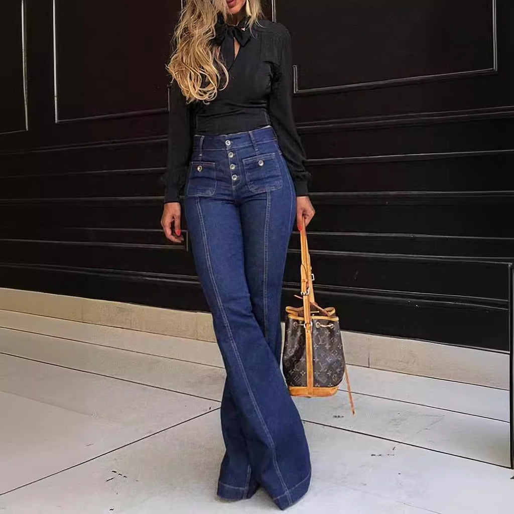 Women's High-Waisted Bootcut Jeans with Button Details