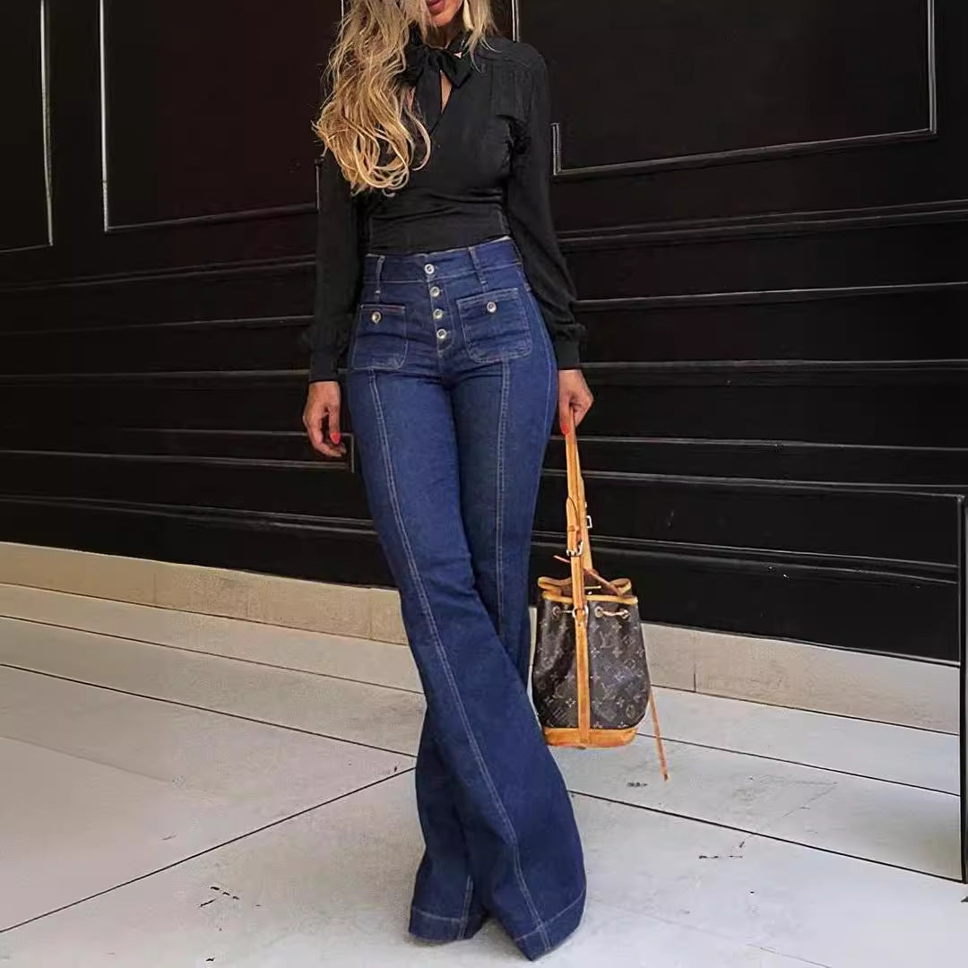 Women's High-Waisted Bootcut Jeans with Button Details