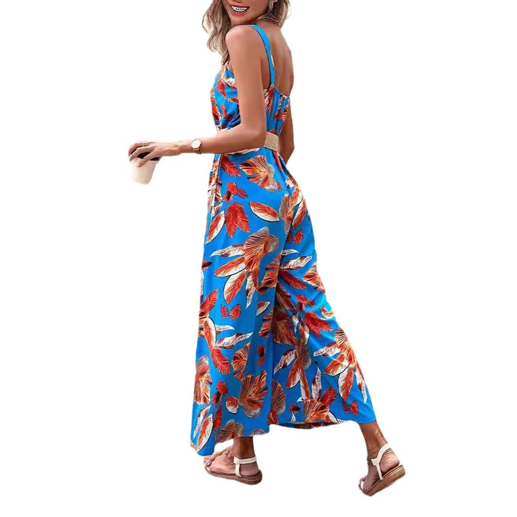 Women's Casual Floral Print Wide-Leg Jumpsuit
