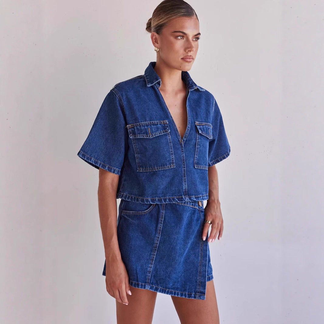 Denim Crop Shirt and Skirt Set