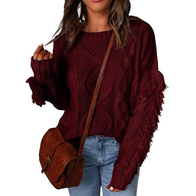 Women's Chunky Knit Sweater with Dropped Shoulders and Elastic Cuffs