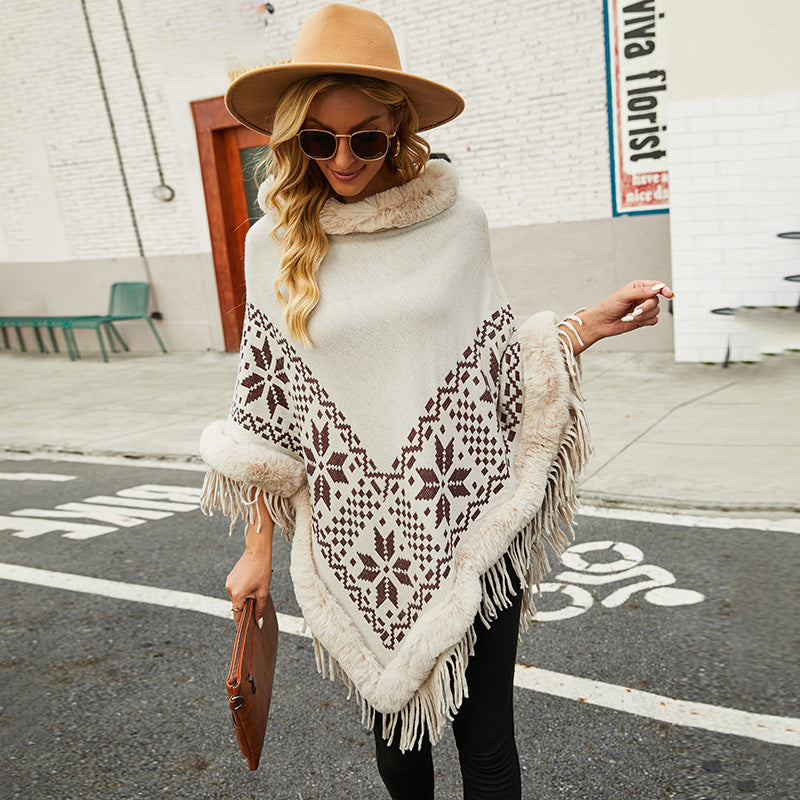 Women's Elegant Poncho with Decorative Fringe Design and Faux Fur Trim