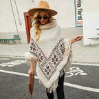 Women's Elegant Poncho with Decorative Fringe Design and Faux Fur Trim