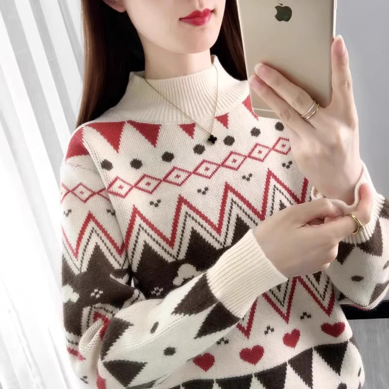 Women's Festive Knit Sweater in Modern Holiday Design with Geometric Pattern