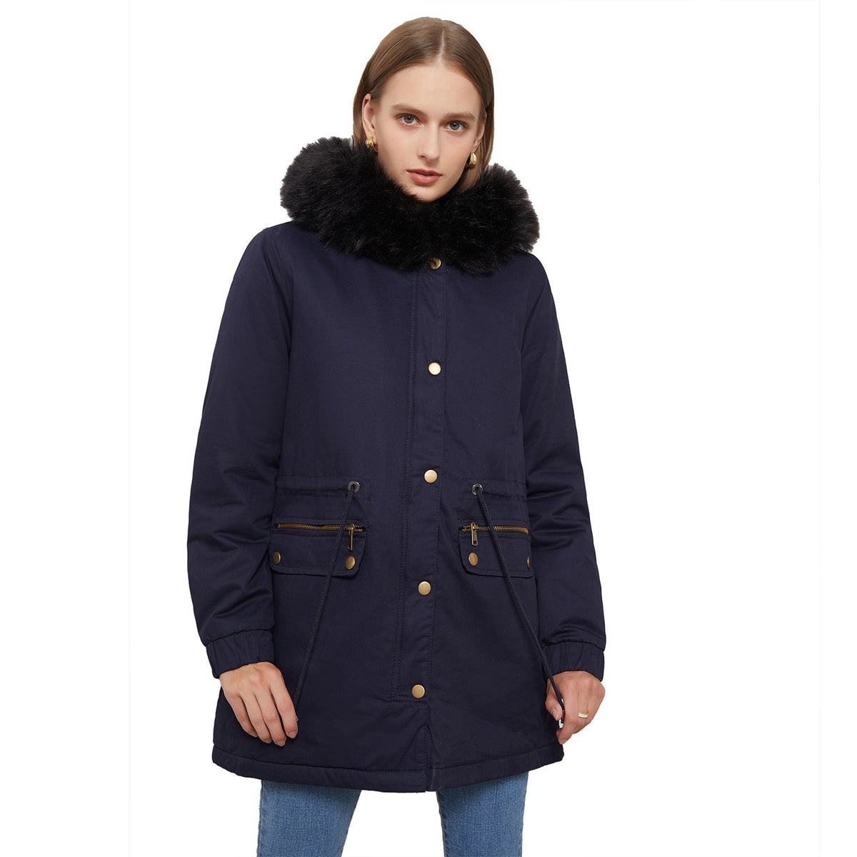 Women's Insulated Parka with Detachable Faux Fur Collar and Adjustable Waist