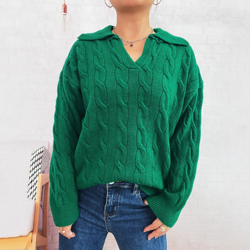 Women's Chunky Knit Sweater with Colorful Cable Design and Classic Collar