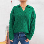 Women's Chunky Knit Sweater with Colorful Cable Design and Classic Collar