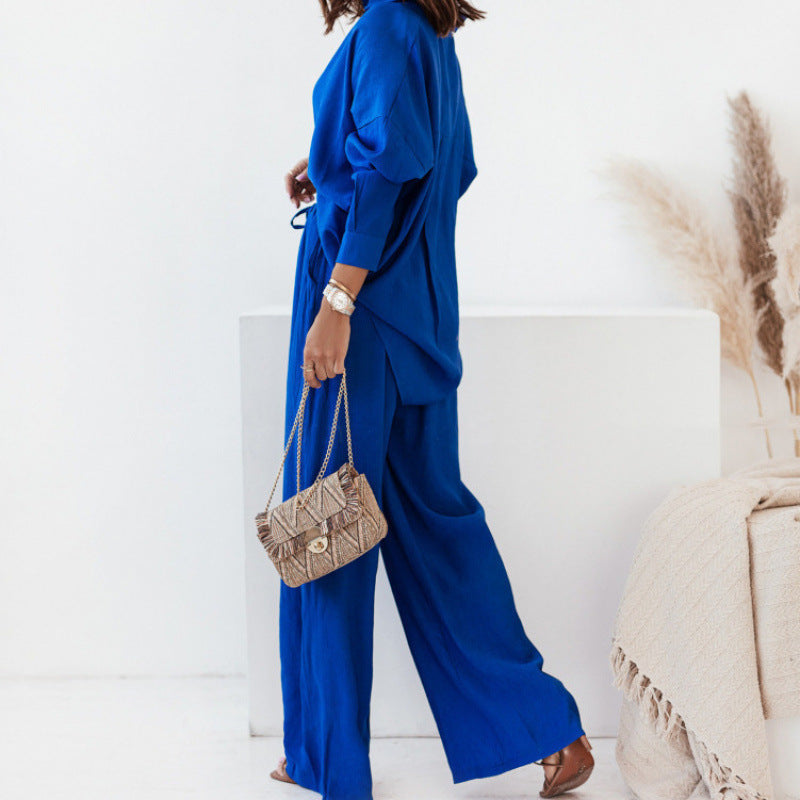 Women's Casual Two-Piece Linen Set with Loose Blouse and Wide-Leg Pants
