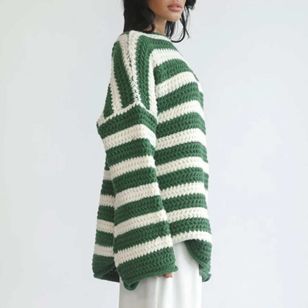 Women's Striped Chunky Knit Sweater with Casual Fit and Wide Sleeves