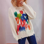 Women's Casual Sweater with Colorful Heart Motif