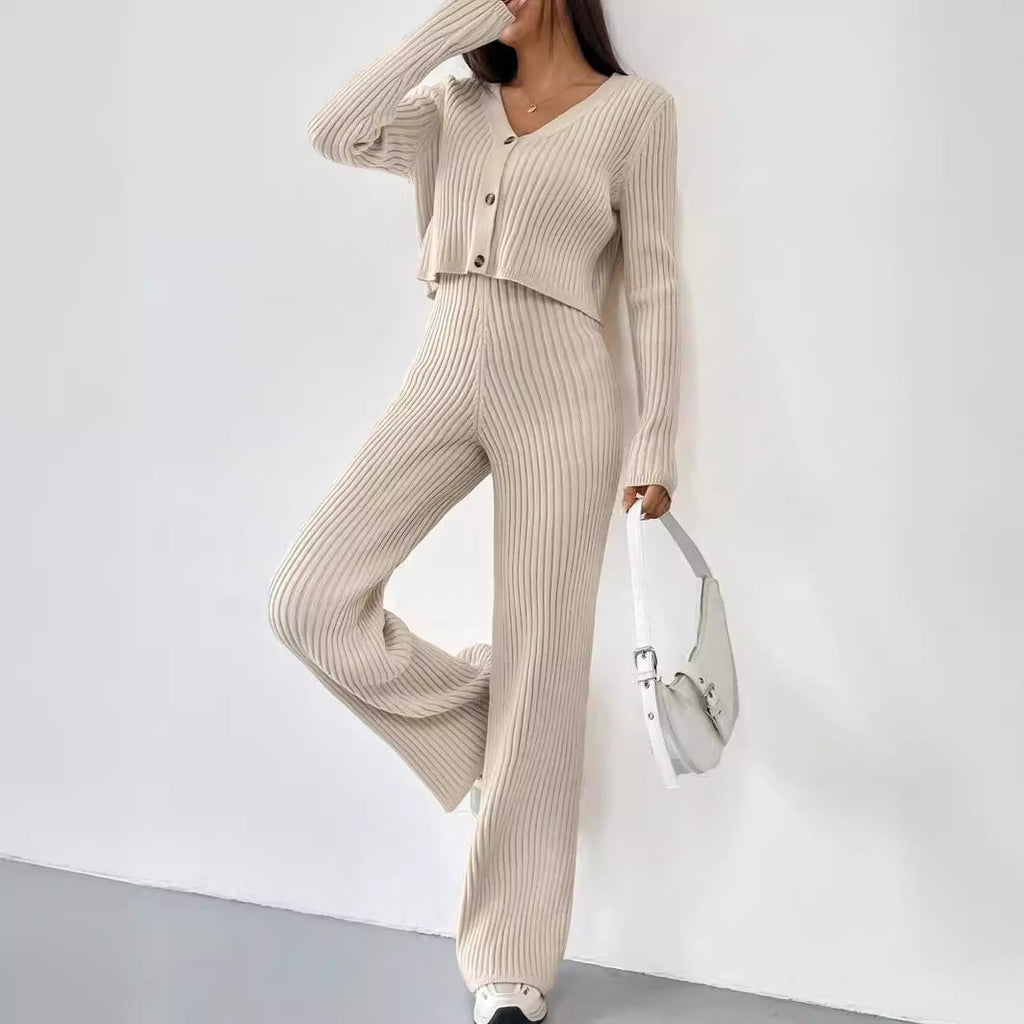 Elegant Knit Lounge Set with V-Neck