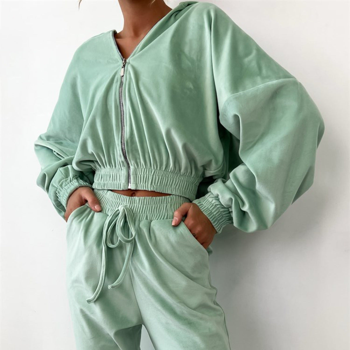 Women's Luxurious Velour Leisure Set with Hood and Elastic Waistband