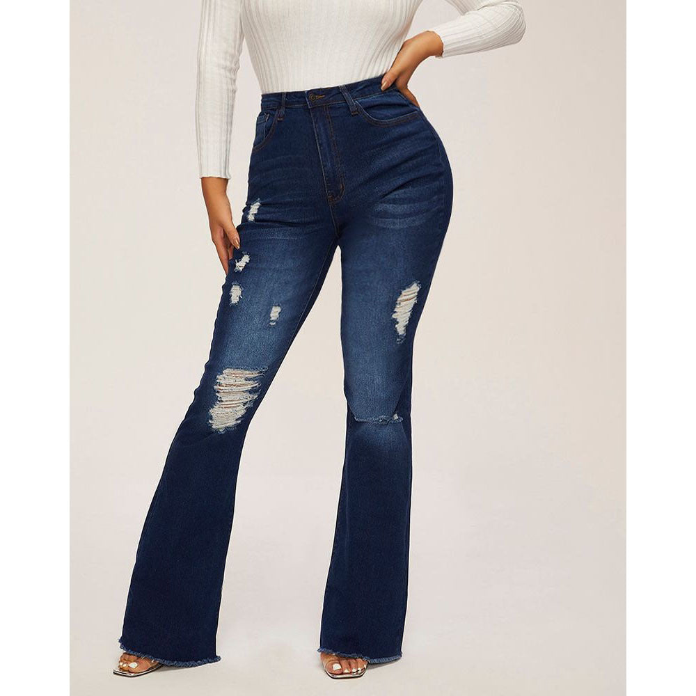 Women's Bootcut Jeans with Frayed Hem and Destroyed Details