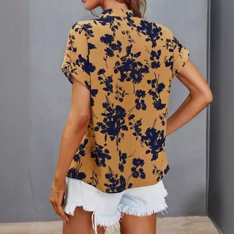 Casual Women's Floral Blouse with Short Button Placket
